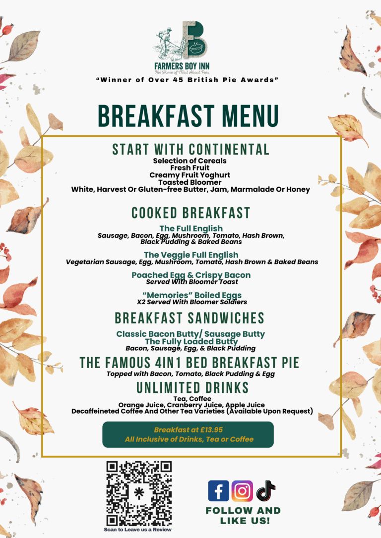 The Breakfast Menu at The Farmers Boy Inn, Gloucestershire