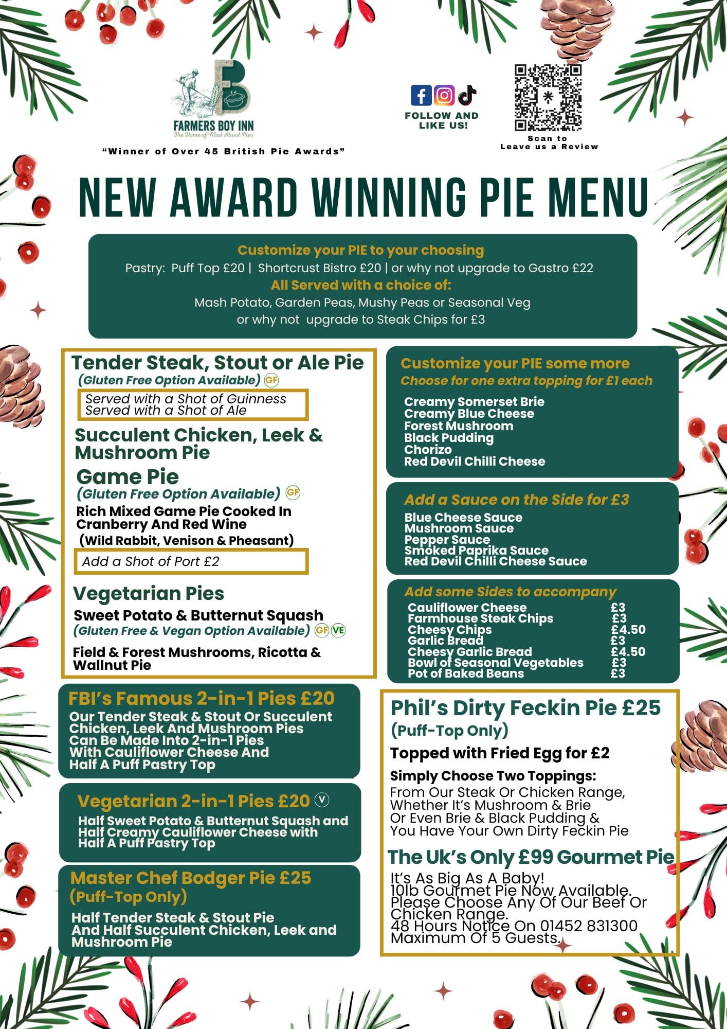 The Pie Menu at The Farmers Boy Inn, Gloucestershire