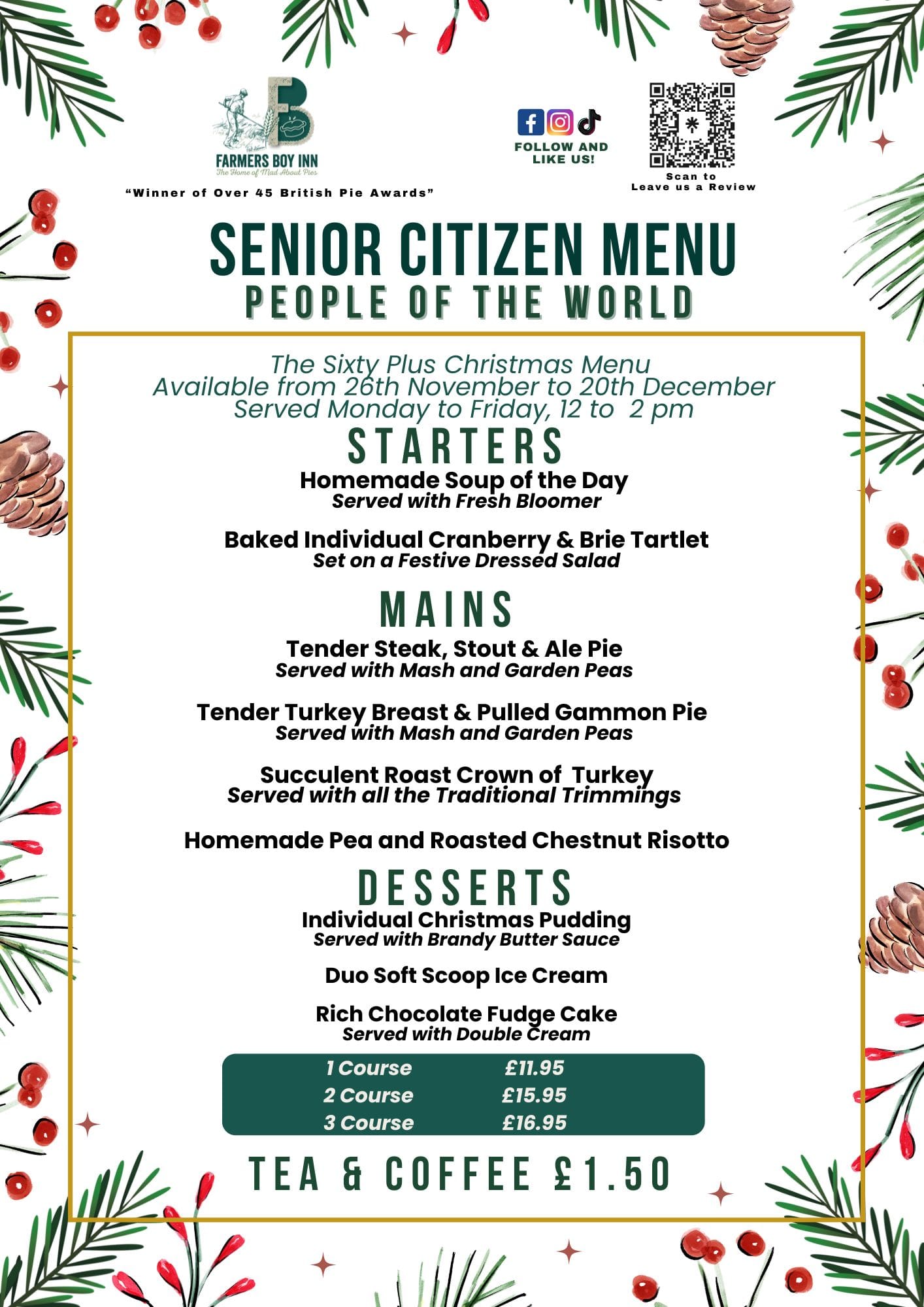 The Senior Citizen Menu at The Farmers Boy Inn, Gloucestershire