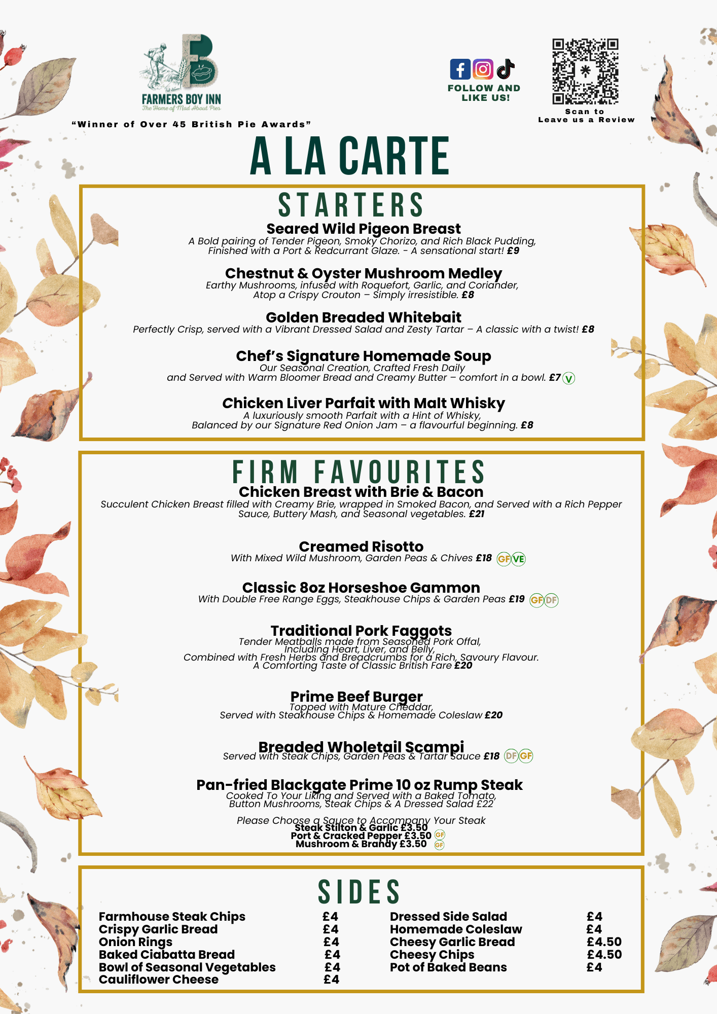 A LA CARTE Menu