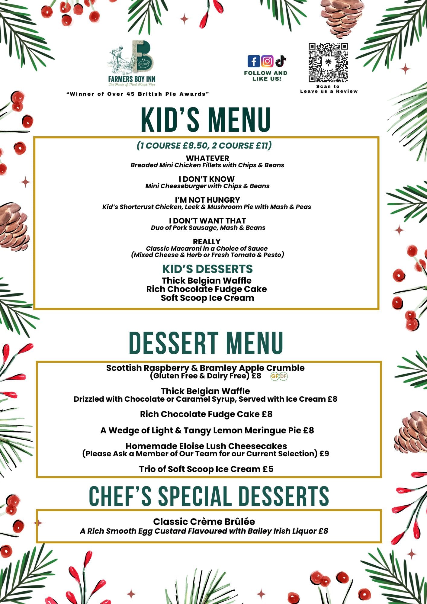 KID’S MENU & DESSERTS MENU at The Farmers Boy Inn