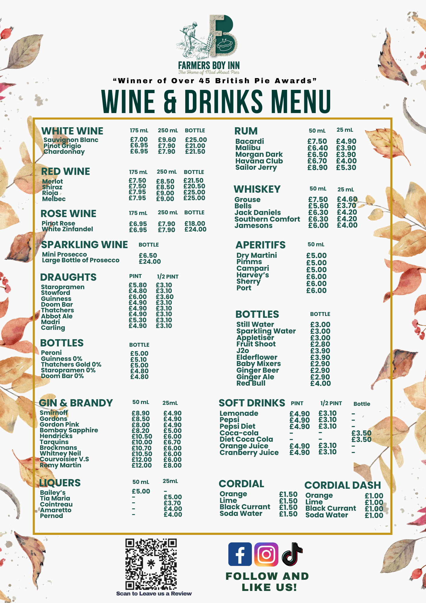 The Wine & Drinks Menu at The Farmers Boy Inn, Gloucestershire