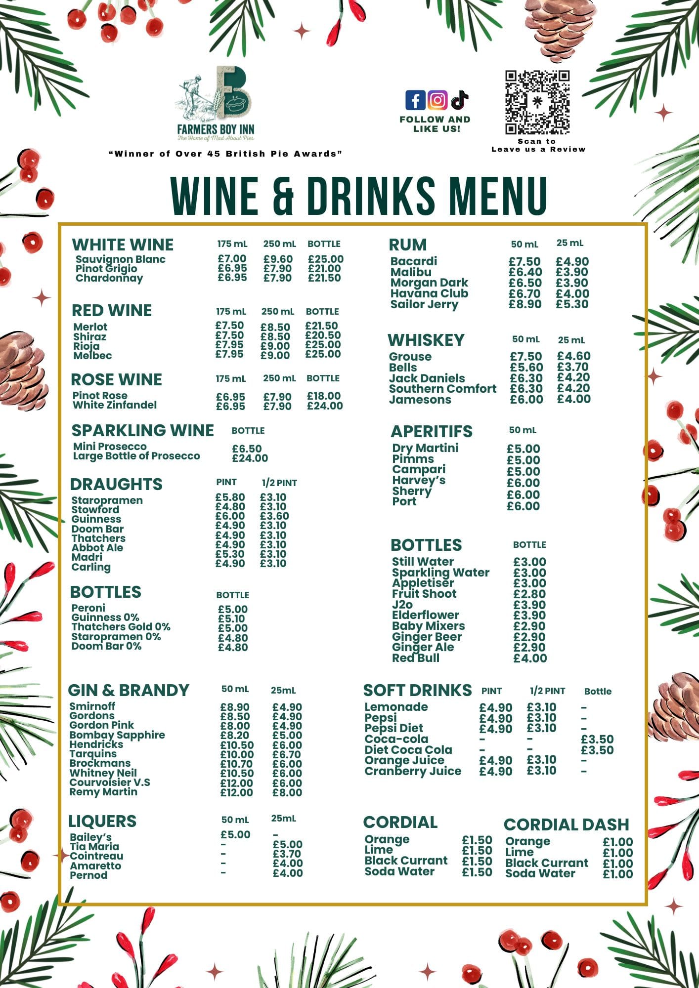 The Wine & Drinks Menu at The Farmers Boy Inn, Gloucestershire