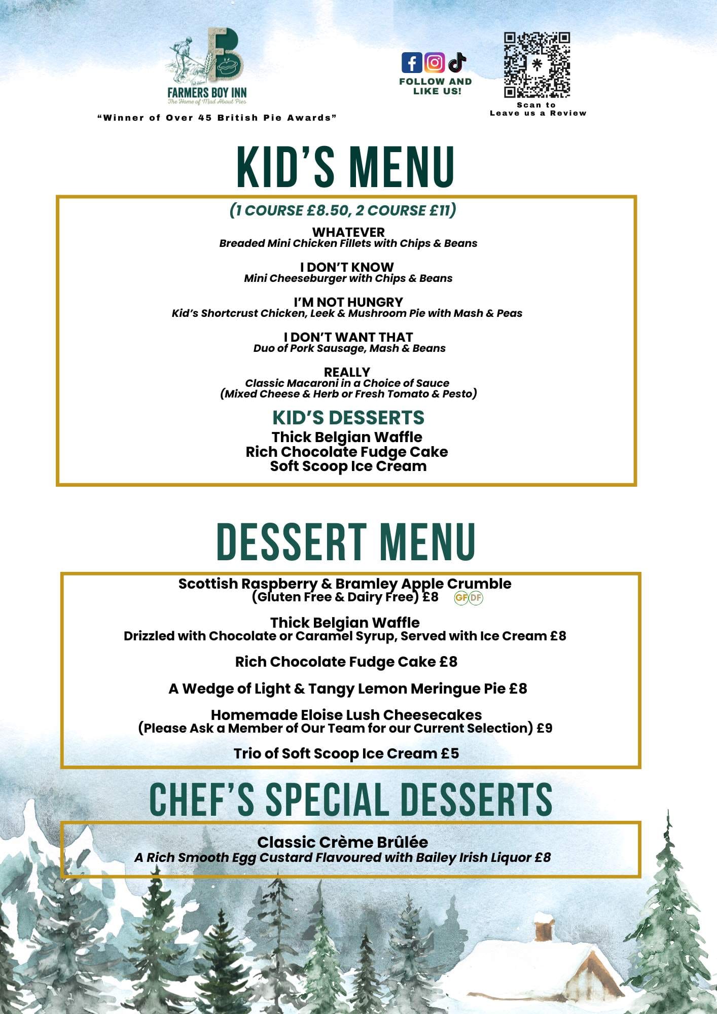 KID’S MENU & DESSERTS MENU at The Farmers Boy Inn