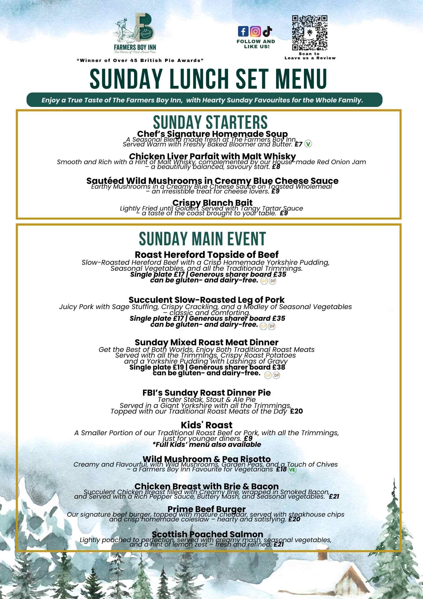 SUNDAY MENU at the Farmers Boy Inn