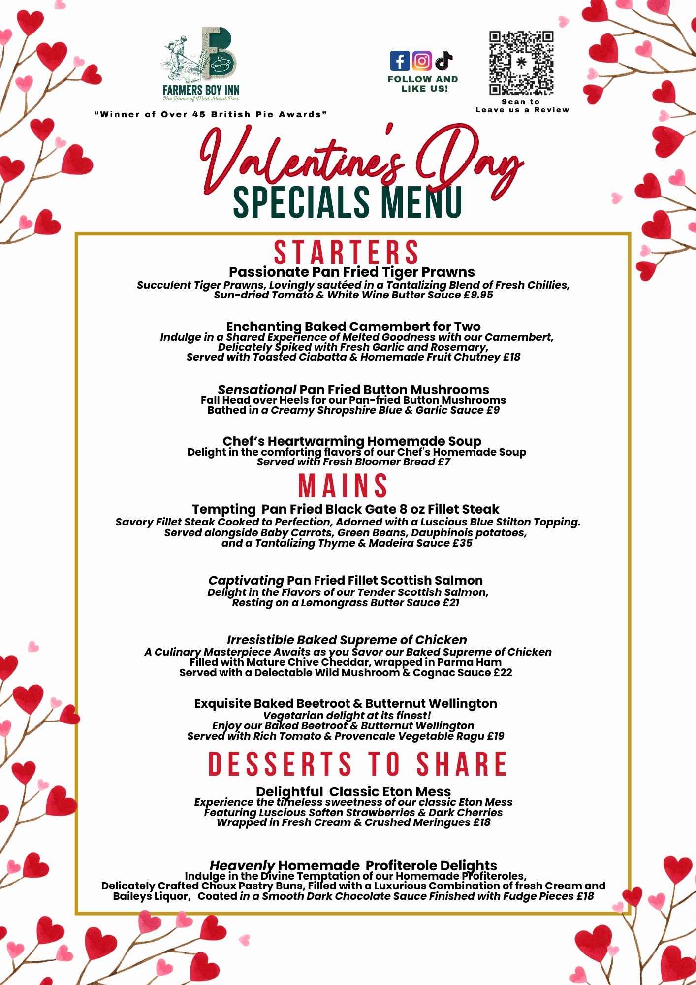 Valentine's Day Specials Menu 2025