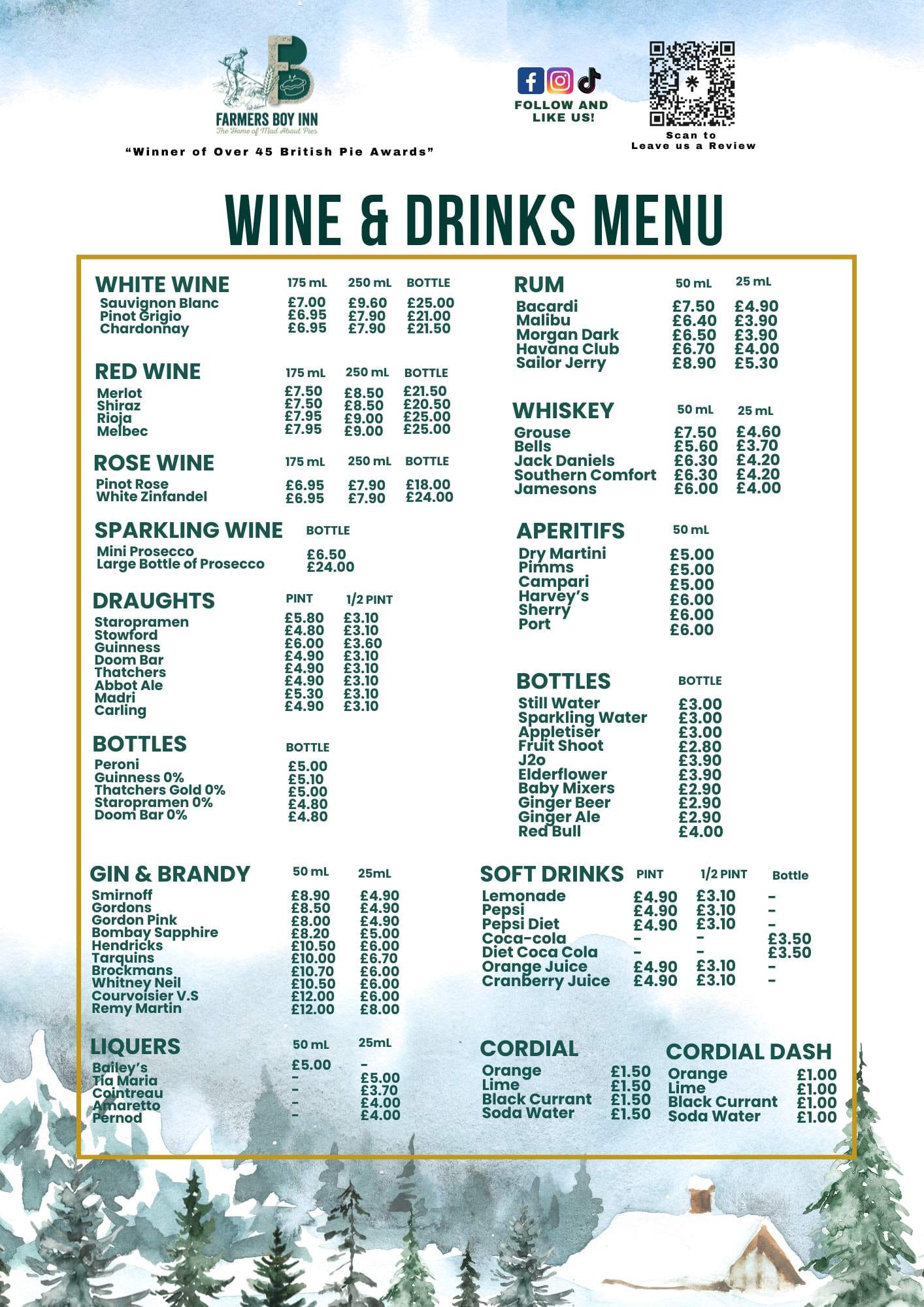 The Wine & Drinks Menu at The Farmers Boy Inn, Gloucestershire