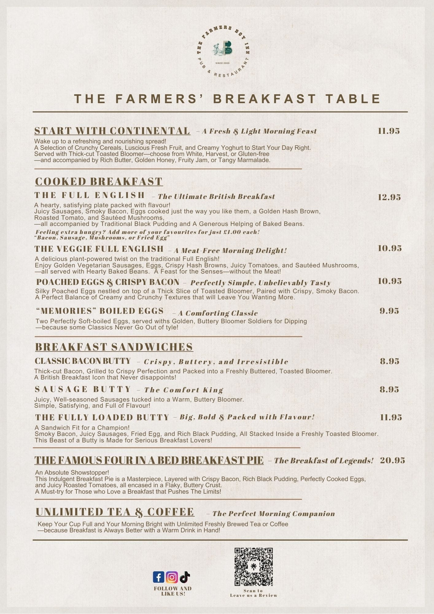 Breakfast Menu at The Farmers Boy Inn