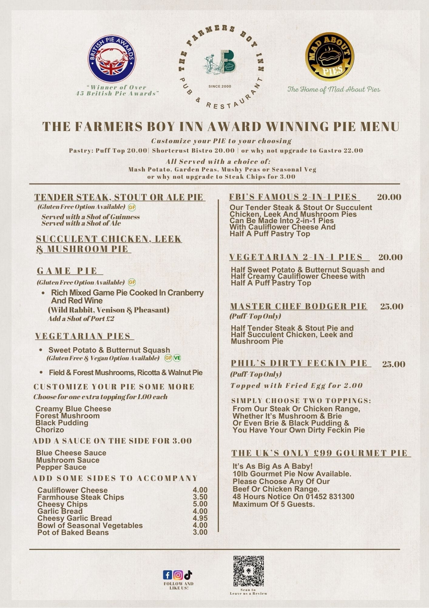 The Pie Menu at The Farmers Boy Inn, Gloucestershire