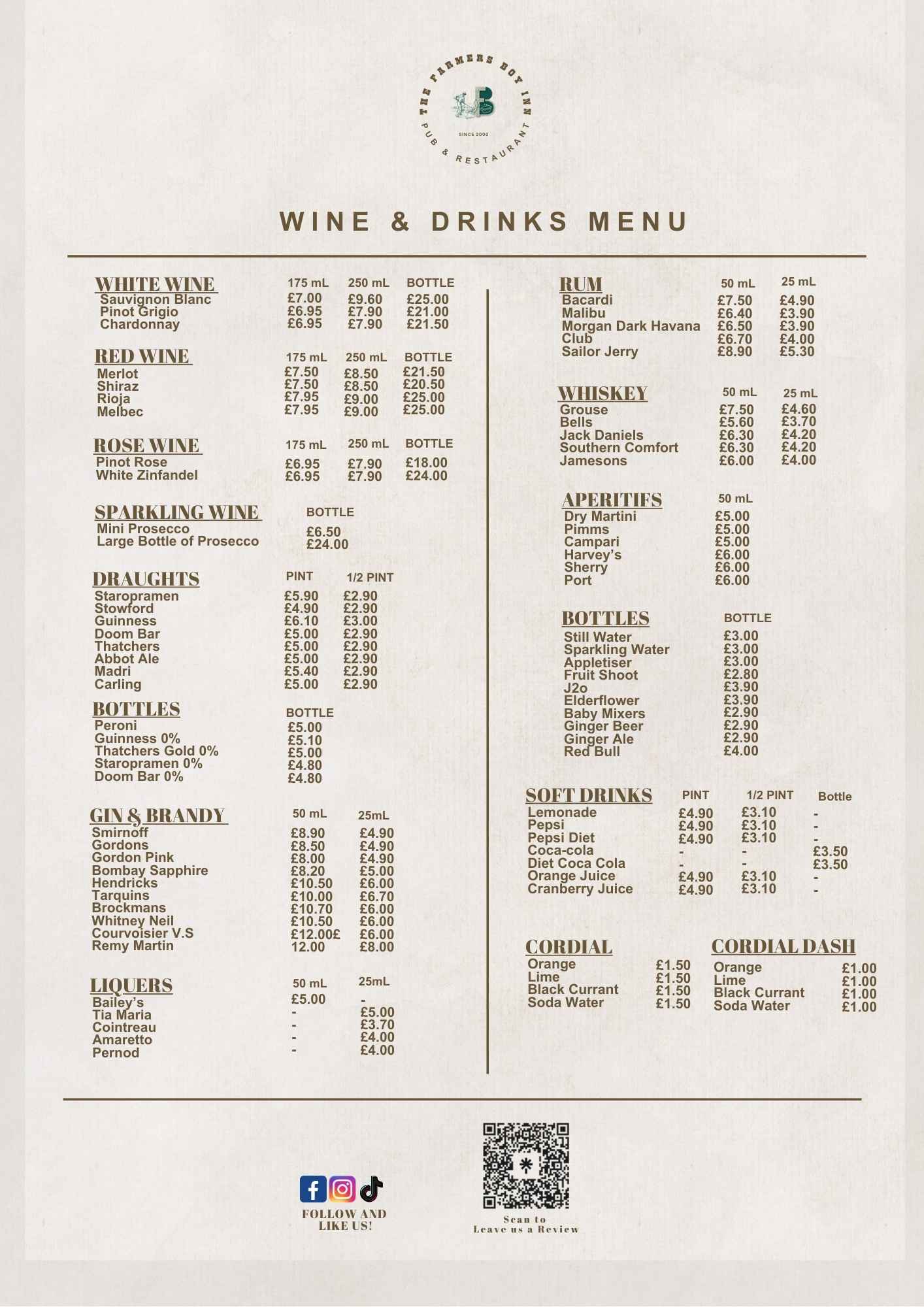 The Wine & Drinks Menu at The Farmers Boy Inn, Gloucestershire